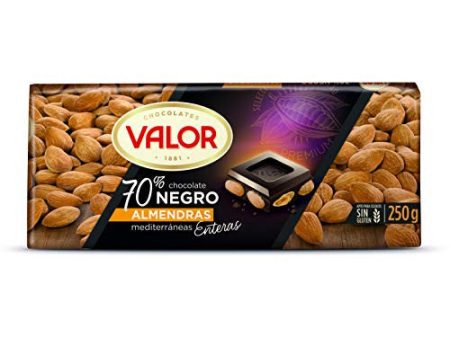 Valor - Chocolate Negro 70% con Almendras Mediterráneas Enteras. Chocolate Valor sin Gluten. e intenso Sabor. Apto para Celiacos - 250 Gramos Hot on Sale